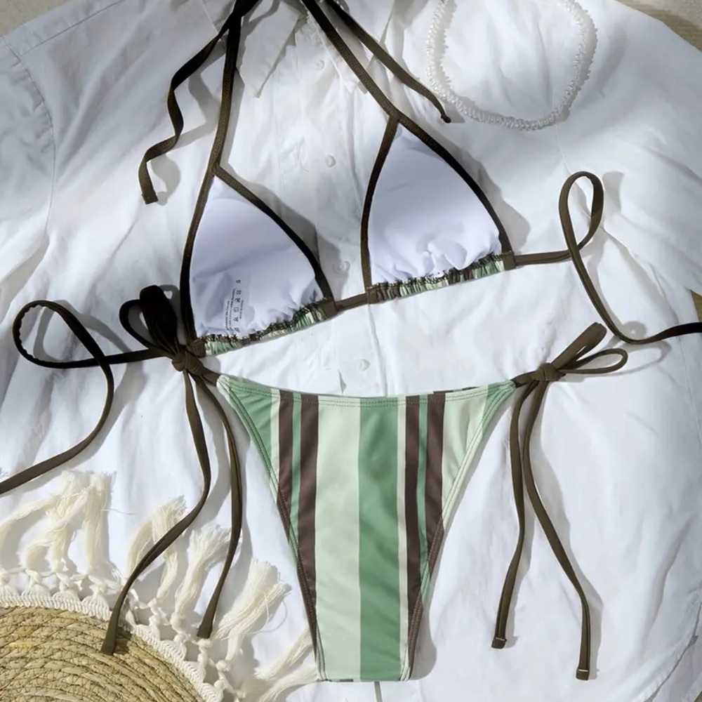 GREEN AND BROWN STRIPED BIKINI SET NWT SIZE SMALL - Picture 3 of 6